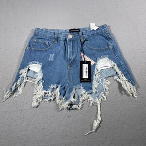 PrettyLittleThing Denim Shorts‎ Women 6 US Blue Extreme Distressed Frayed NWT